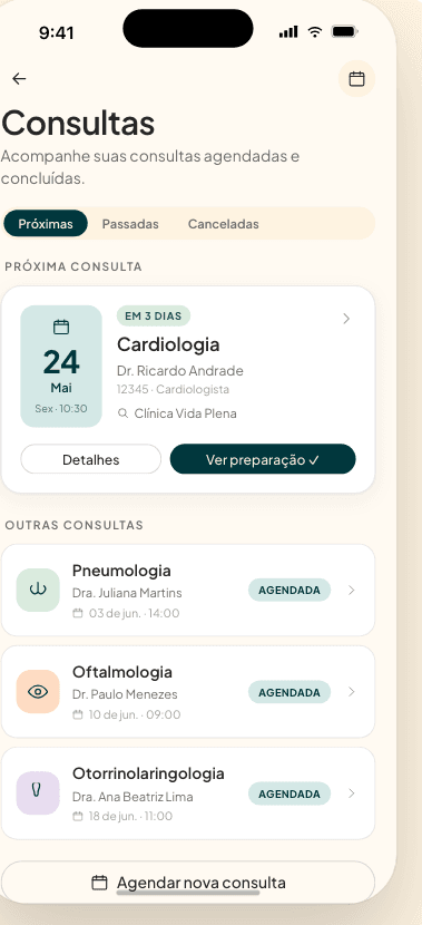 Tela de consultas do cuida, com a próxima consulta em destaque e o histórico logo abaixo.