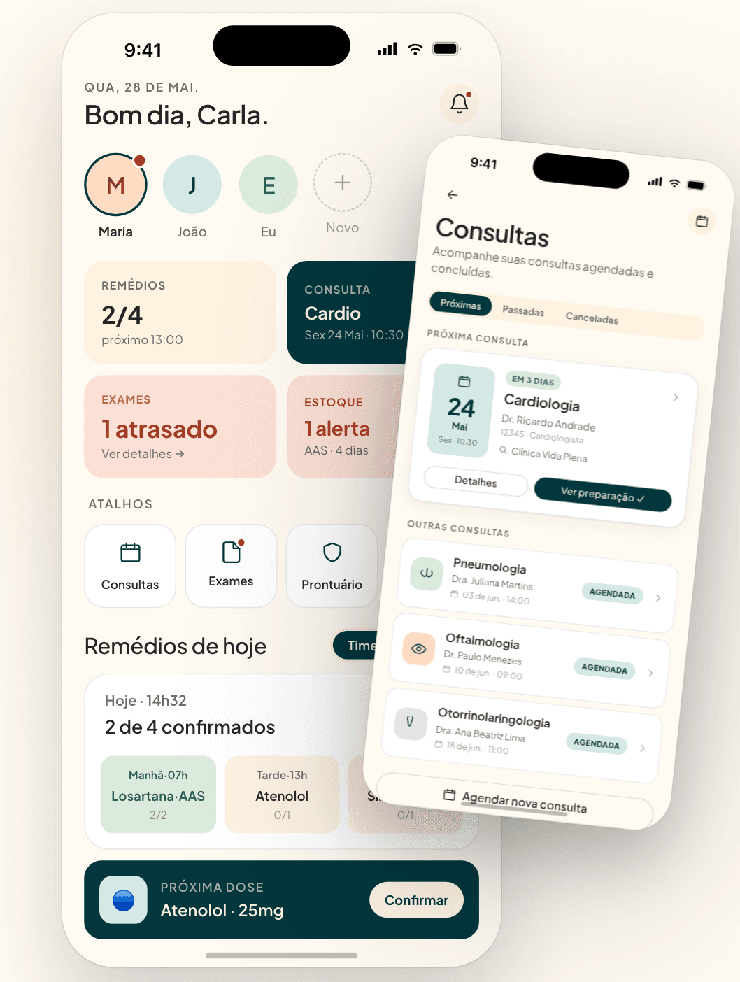 O cuida em dois celulares: a agenda de doses do dia e a tela de consultas.