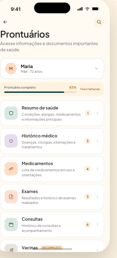 Prontuário digital do cuida com resumo de saúde, histórico, medicamentos, exames e consultas.