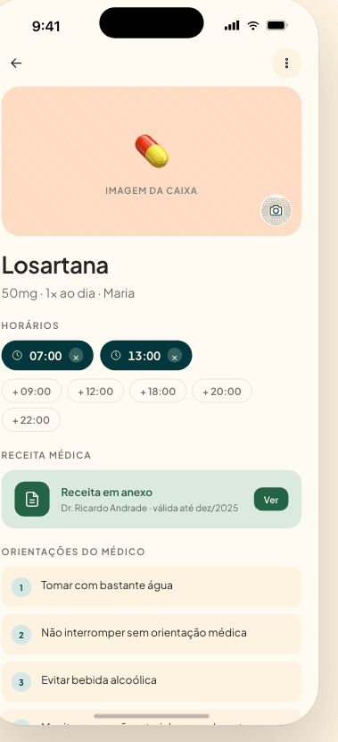 Detalhe de um remédio no cuida, com dose, horários e orientações do médico.